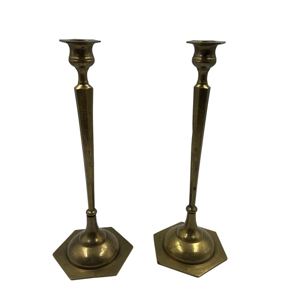 Vintage Solid Brass Candlestick Holders Pair 12" Floral Etched Octagonal India